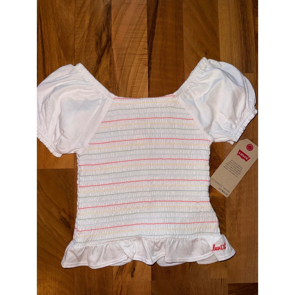 Levis Smocked‎ Top Girls Size 6 White NWT Rainbow Stitch Puff Sleeve Ruffle Hem